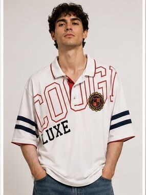COOGI Luxe White Polo with Red Graphic and Navy Sleeve Stripes 4X